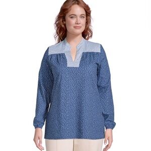 Lands’ End Women's Blue Patterned Poplin Peasant Size 1X Top